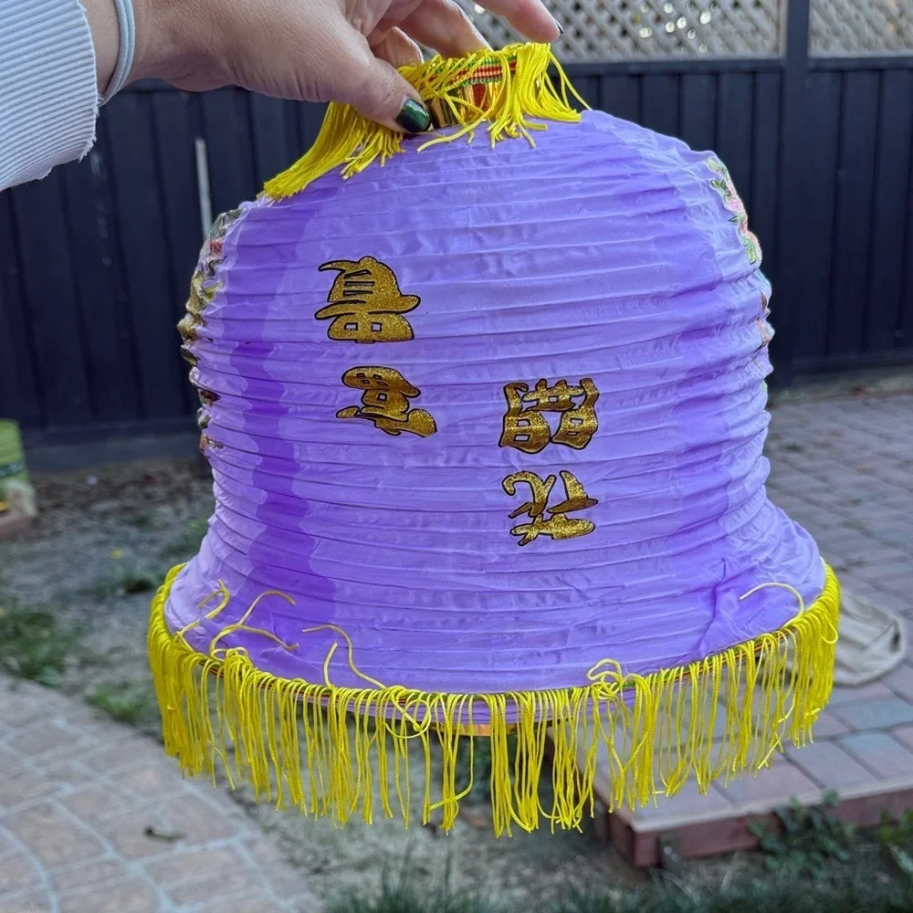 2 fabric Vintage Purple Floral Lantern with Yellow Fringe and green